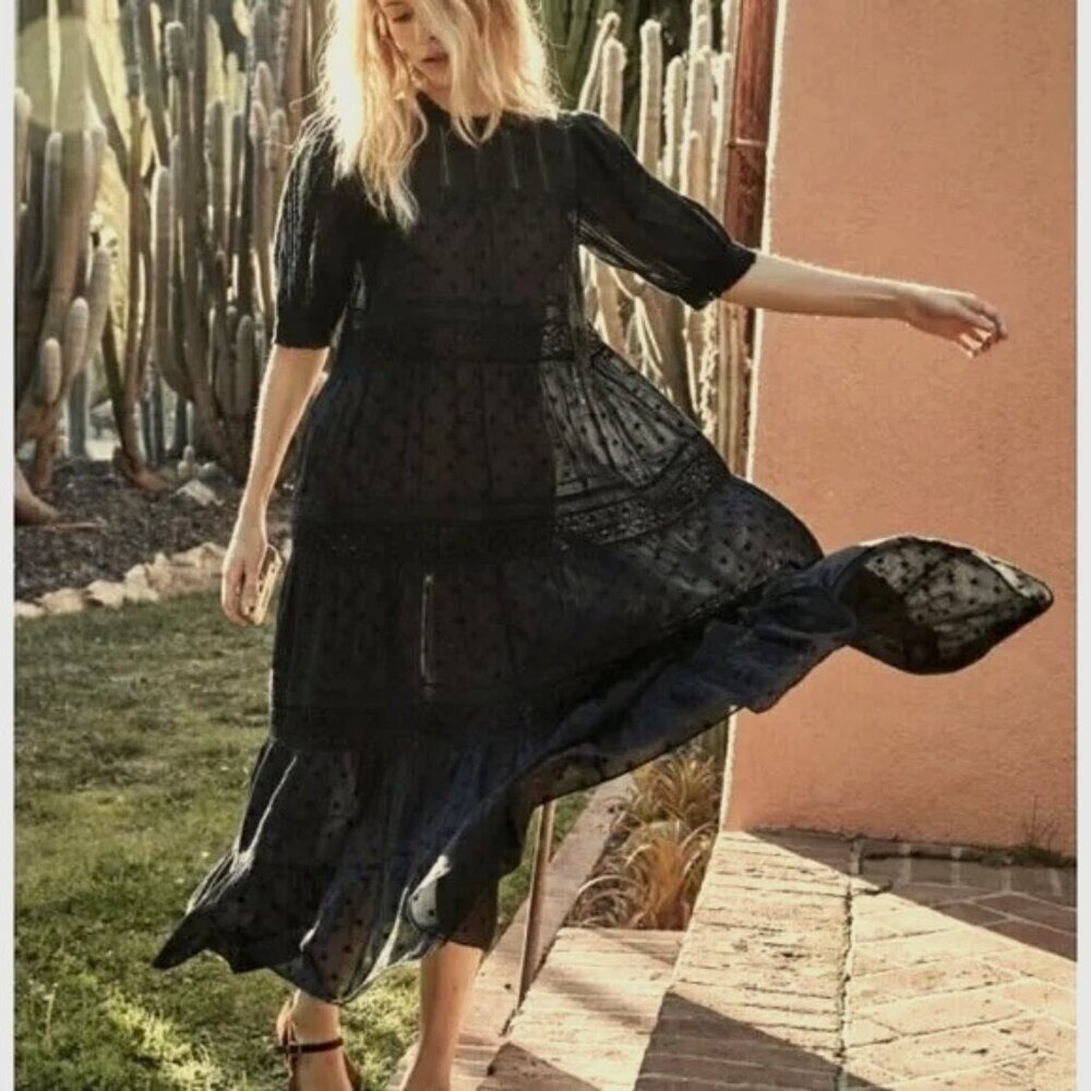 Dôen black tiered short-sleeve midi dress, size XL